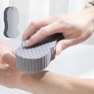 Imagem de Esponja de banho esfoliante mágica com design de orifício para pendurar, esponja de banho esfoliante 3D reutilizável super macia para esfoliação suave e renovação da pele, cinza
