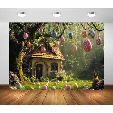 Imagem de Pano de fundo para fotografia de páscoa feliz 3 x 2,4 m, coelhinho cinza, ovos coloridos, vintage, casa de madeira, grama verde, primavera, floresta, tema de páscoa, decorações de festa, banner