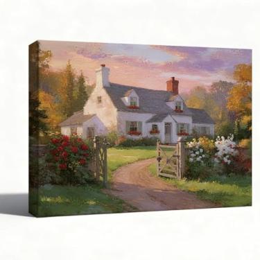 Imagem de Arte de parede em tela, casa de campo romântica ao pôr do sol, reprodução de pintura a óleo de paisagem impressionista, decoração de fazenda rústica vintage, embrulhada para galeria, pronta para