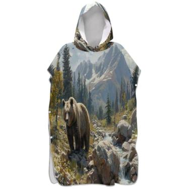 Imagem de Joisal Roupão para troca de poncho de surfe de secagem rápida para adultos toalha de banho com capuz urso pardo montanhas poncho masculino com capuz