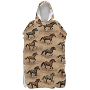 Imagem de Joisal Roupão vintage de cavalos marrom para troca de poncho de surfe para adultos de secagem rápida, poncho masculino e feminino, com capuz, estampa de toalha de praia com capuz