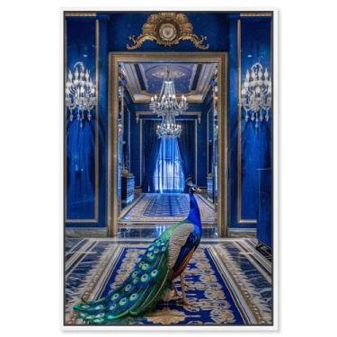 Imagem de Art Remedy Tela de arte moderna de tigre, 25,4 cm x 38,1 cm, moldura branca, lobby de pavão