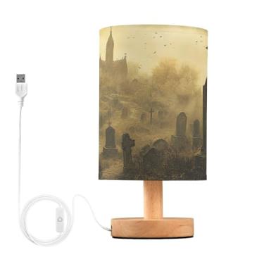 Imagem de Joisal Luminária de cabeceira pequena de Halloween Raven sobre cemitério, luminária de mesa pequena com porta USB, luminária lateral de mesa, itens essenciais para dormitório