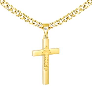 Imagem de Avotto Colar de aço inoxidável 316L com cruz de beisebol/futebol/futebol para homens, meninos, prata, ouro, preto, masculino, 5 mm, corrente cubana resistente que não desbota com pingente de cruz 45