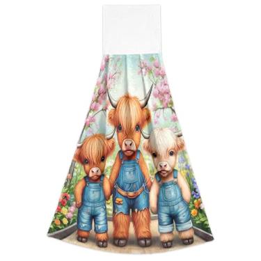 Imagem de Joitme Lindas toalhas de mão de vaca Highland floral primavera com laço para pendurar altamente absorvente conjunto de 2 toalhas de prato decorativas para cozinha 18,2 x 14 polegadas