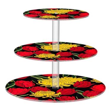 Imagem de Suporte de cupcake de 3 camadas para festa, tulipas vermelhas, crisântemo amarelo, copo de acrílico, torre de bolo, suporte de sobremesa, para chá de bebê, bandejas de servir para festas, comida e