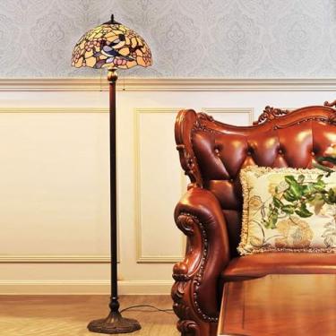 Imagem de Luminária de chão estilo Tiffany com vitrais de rosas, tulipas, glicínias, lírios e uvas, com cúpula feita à mão, ideal para decoração de ambientes [2 lâmpadas][40,6 cm L x 165 cm A], com de