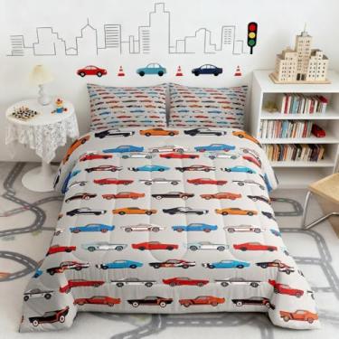 Imagem de Feelyou Conjunto de cama de carro de corrida, macio, para meninos e meninas, tamanho solteiro, veículos coloridos, edredom de microfibra, cinza, decoração de quarto, 2 peças com 1 fronha