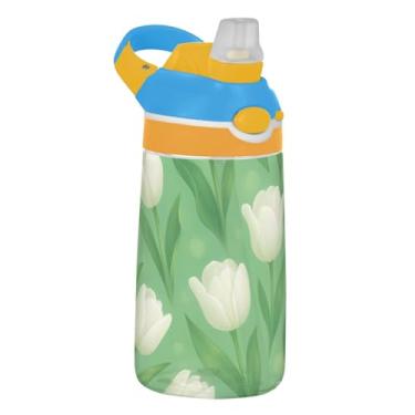 Imagem de Garrafa de água infantil branca tulipas verdes 473 ml garrafa de água esportiva portátil com tampa de canudo 473 ml Tritan reutilizável infantil copo de viagem à prova de vazamento, alça de transporte