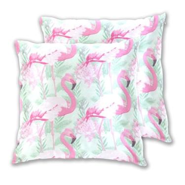 Imagem de Joitme Conjunto de 2 capas de almofadas elegantes rosa flamingos verde claro, capa de almofada de sofá fofa, decoração de quarto, 45 x 45 cm, 2 peças