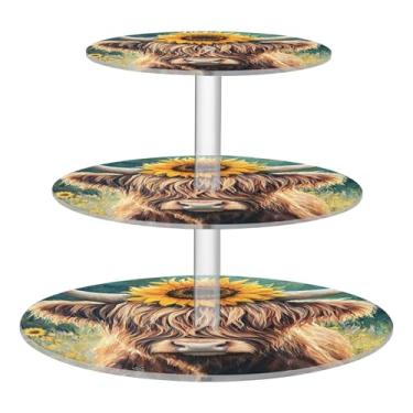 Imagem de Joitme Highland Cow Sunflower Art Suporte de cupcake de 3 camadas para exibição de acrílico para festa, decoração de mesa de sobremesa, chá de bebê em camadas
