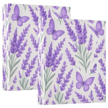 Imagem de Borboletas roxas flores lavanda fichário 3,8 cm 3 anéis comporta 200 folhas pastas portfólio portátil anel redondo fichário de escritório, 31,5 x 27 x 6 cm, pacote com 2