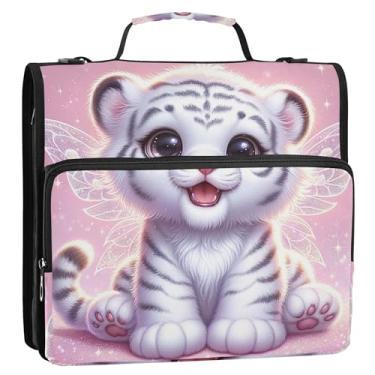 Imagem de Filhote de tigre rosa fofo 3 fichários anel D 1,5 polegadas organizador de fichários escolares bolsa com alça de ombro carteira de armazenamento engraçado estojo de armazenamento com alça