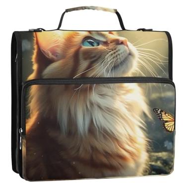 Imagem de Fichário organizador de 3 anéis de borboletas de gato laranja com zíper de 3 cm com alça de ombro para escola, pasta de portfólio de armazenamento de desenhos animados com alça