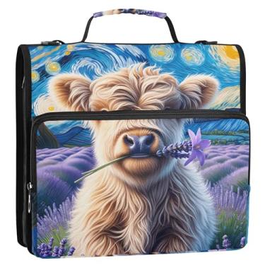 Imagem de Highland Cow Lavanda Noite Estrelada 3,8 cm Fichários 3 Anéis Organizador de Fichários Escolares Bolsa com Alça de Ombro Pasta de Portfólio de Armazenamento com Alça de Ombro com Alça