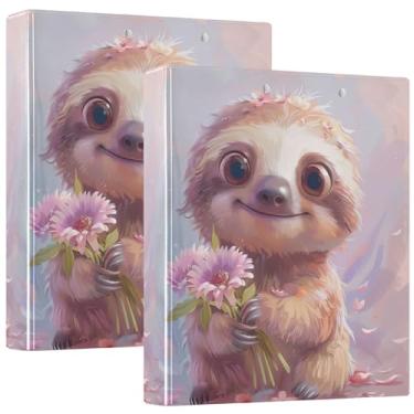 Imagem de Fichário fofo com 3 anéis de desenho de preguiça de 3 cm comporta 200 folhas, fichário de apresentação de anel redondo, 31,5 x 27 x 6 cm, pacote com 2