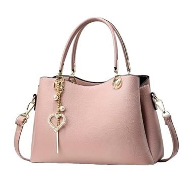 Imagem de Bolsa de Mão Feminina Elegante, Couro Sintético Preto, Alça Transversal Removível, Pingente de Coração com Cristais (Rosa)