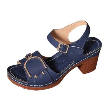 Imagem de Sandálias femininas modernas, casuais, versáteis, com fivela de boca de peixe, estilo primavera e verão, salto grosso, salto alto, Azul-royal escuro, 36
