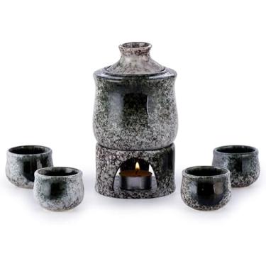 Imagem de Conjunto de saquê japonês com aquecedor, porcelana tradicional para bebidas quentes de saquê, 7 peças, incluindo 1 fogão, 1 tigela de aquecimento, 1 garrafa de saquê, 4 xícaras de saquê