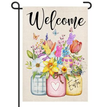 Imagem de Welcome Easter Garden Bandeira 30,5 x 45,7 cm Placa de quintal pequeno dupla face com flores de primavera, ovos e detalhes de coelho de marshmallow, decoração ao ar livre para varanda e jardim DF1084