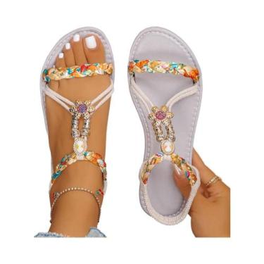 Imagem de Sandálias rasteiras de bico redondo estilo étnico, sapatos casuais de 