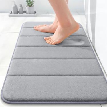 Imagem de OLANLY Tapete de banho listrado de espuma viscoelástica 61 x 40 cm, tapetes de banheiro absorventes super macios, secagem rápida, tapetes de chuveiro laváveis na máquina, tapete de banho, acessórios