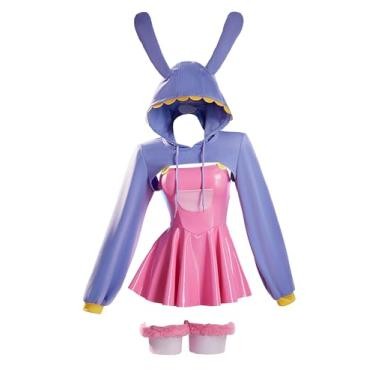 Imagem de Mobbunny Fantasia feminina de coelho sexy, vestido com suspensório, jaqueta curta com capuz e luvas (P)