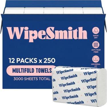 Imagem de WipeSmith Toalhas de papel multidobradas a granel – Pacote com 12 unidades, 250 folhas/pacote (3.000 no total), toalhas de mão descartáveis recicladas altamente absorventes para banheiros