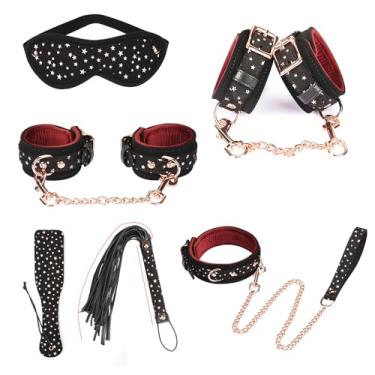 Imagem de Conjunto premium de 7 peças BDSM Bondage - Céu estrelado preto e kit de torção de couro PU vermelho vinho com forro macio de veludo holandês e ferragens douradas - Inclui algemas, punhos no tornozelo