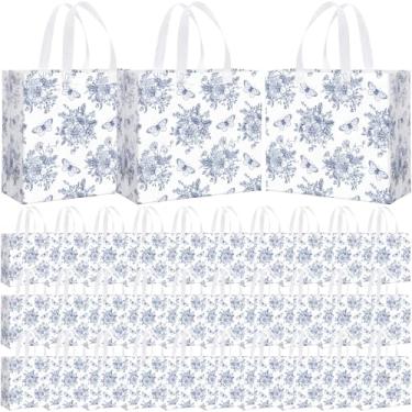 Imagem de Abbylike Pacote com 30 sacos de presente florais azuis reutilizáveis a granel grande com estampa floral sacola de compras azul branca não tecida para casamento, aniversário, família, férias, viagem
