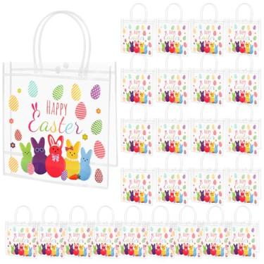 Imagem de meiqidi 25 peças de sacolas de presente de Páscoa feliz – Sacolas de presente reutilizáveis de Páscoa com alças de PVC transparente 19 x 8 x 19 cm impressas com coelhos sacos de embrulho para presente