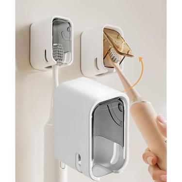 Imagem de Suportes de escova de dentes com capa para chuveiro de banheiro - espelho autoadesivo montado na parede inovação slot único à prova de poeira dispensador de escova de dente elétrico organizador de