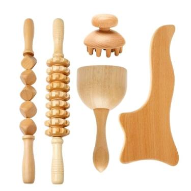 Imagem de Ferramentas de massagem para terapia de madeira anticelulite, rolo massageador de madeira, copo Gua Sha, kit de drenagem linfática (estilo qw)
