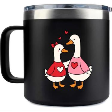 Imagem de Caneca Térmica Fofa com Casal de Gansos, 414ml, Aço Inoxidável com Alça e Tampa, Isolamento a Vácuo Duplo, Presente Divertido para Ela/Ele (Preto)