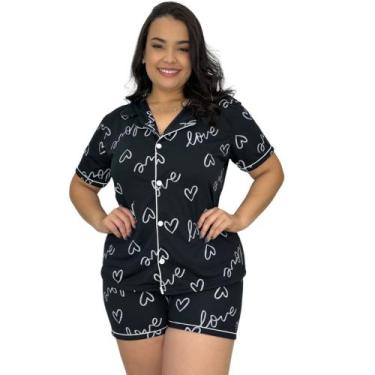 Imagem de Pijama Americano Estampado Plus Size Blusa com Botões que Abrem e Shor
