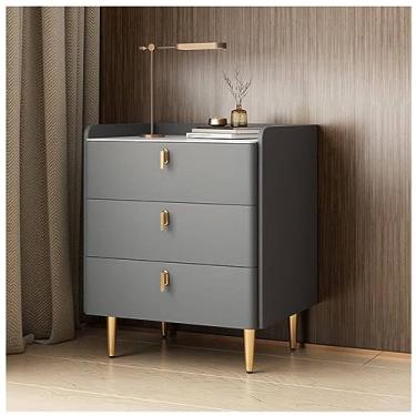 Imagem de Mesa de cabeceira moderna de meados do século, mesa de cabeceira de couro sintético com estampa de mármore, mesa lateral superior de pedra sinterizada, armário de madeira com 3 gavetas, cinza escuro