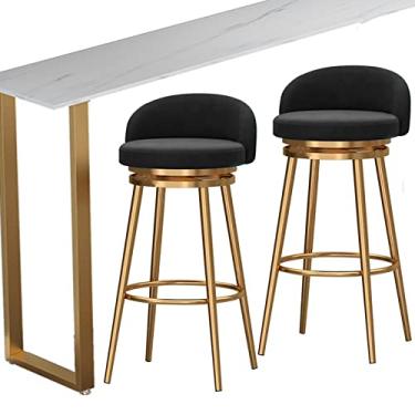 Imagem de Conjunto de 2 bancos de bar giratórios com encosto, cadeira alta com pernas de metal dourado com apoio para os pés, bancos de bar domésticos, cozinha, sala de estar, móveis