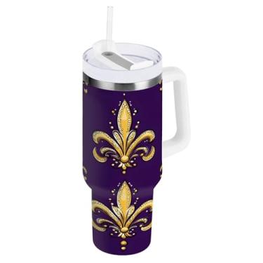 Imagem de Blueangle Copo isolado para Mardi Gras de 1,134 g com alça e tampa de palha, caneca de viagem reutilizável de aço inoxidável (302)