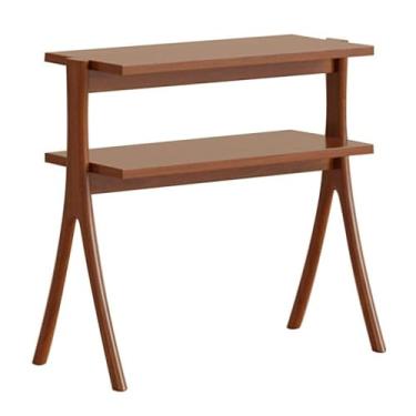 Imagem de Mesa de centro mesa lateral de sofá de camada dupla rack de armazenamento de madeira retrô sala de estar canto aberto mesa lateral (marrom)