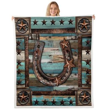 Imagem de jejeloiu Cobertor de lã de ovelha com ferraduras azul-petróleo de pelúcia 127 x 152 cm para crianças, asteca ocidental, para cama, sofá, cadeira, sala de estar, para meninos e meninas, estrela do