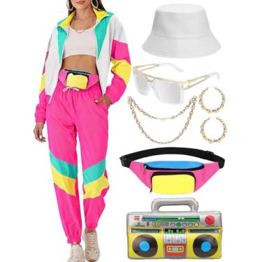 Imagem de VillbeCoser Conjunto de acessórios para fantasia de agasalho feminino dos anos 80 e 90, jaqueta corta-vento neon, Branco, rosa, G