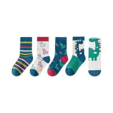 Imagem de Meias De Cano Médio Com Desenho De Dinossauro Para Meninos, 5 Pares, M