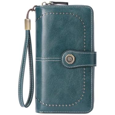 Imagem de Carteira feminina de couro com bloqueio de RFID, porta-cartões de crédito, carteiras femininas com bolso para moedas com zíper, Lago azul