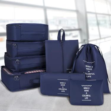 Imagem de 8 conjuntos de organizadores de bagagem essenciais para viagens e viagens, bolsa de lavanderia, bolsa de sapatos, bolsa de roupa íntima, Azul-marinho