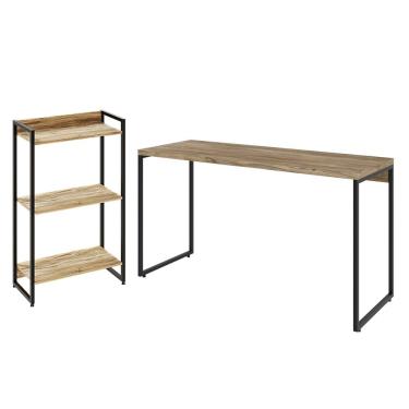 Imagem de Kit Escritório Estante Areta 3 Prateleiras Mesa Industrial Aspen 135cm C01 Carvalho - Lyam Decor