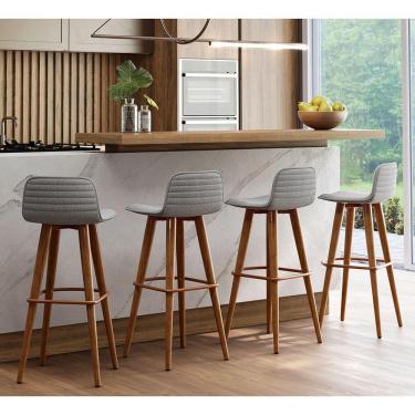 Imagem de Kit 4 Banquetas Altas Luxo Linea Aço Cobre Linho Cinza Cinza