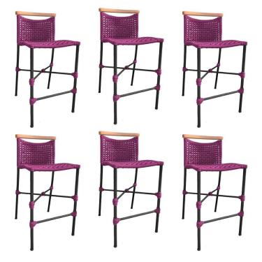 Imagem de Kit 6 Banquetas Anne Em Corda Náutica Base Em Alumínio Preta Com Detalhe Em Madeira Rosa - Cor: Rosa