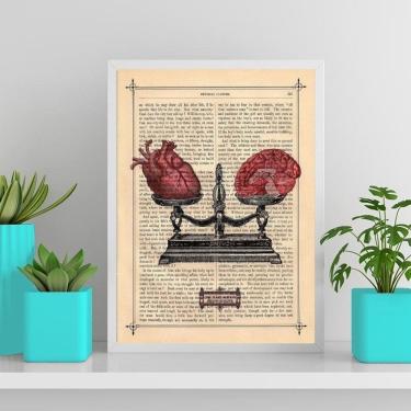 Imagem de Quadro Coração E Cérebro Moldura Branca Com Vidro 33X24Cm