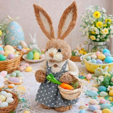 Imagem de Boneco Coelho Coelhinho Decoração Enfeite Páscoa Palha 33cm