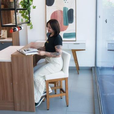 Imagem de Kit 4 Banquetas Baixas 63cm Madeira Maciça Assento Estofada Bancada Am